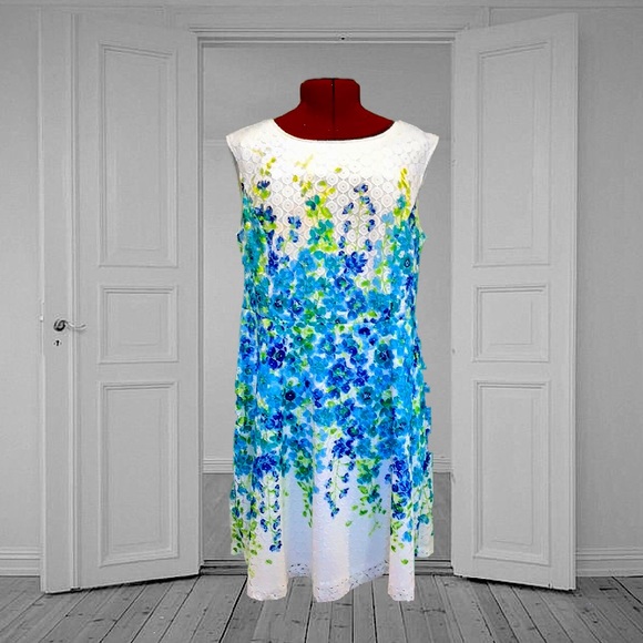 Sandra Darren Dresses & Skirts - Sandra Darren Printed Lace Dress White Blue Green Floral Fit & Flare Dress Women